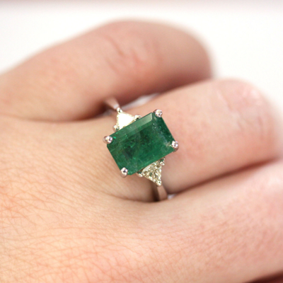 Pre-owned Jewelry By Arsa 4 Ctw Natural Green Emerald Diamond Solid 14k White Gold 3 Stone Engagement Ring