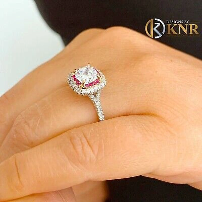 Pre-owned Knr Inc 14k White Gold Cushion Moissanite And Diamond And Ruby Engagement Ring 2.20ctw
