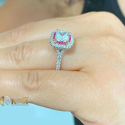 Pre-owned Knr Inc 14k White Gold Cushion Moissanite And Diamond And Ruby Engagement Ring 2.20ctw