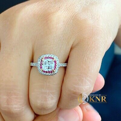 Pre-owned Knr Inc 14k White Gold Cushion Moissanite And Diamond And Ruby Engagement Ring 2.20ctw