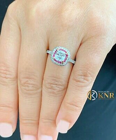 Pre-owned Knr Inc 14k White Gold Cushion Moissanite And Diamond And Ruby Engagement Ring 2.20ctw