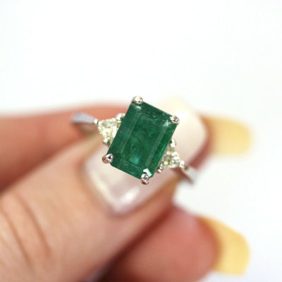 Pre-owned Jewelry By Arsa 4 Ctw Natural Green Emerald Diamond Solid 14k White Gold 3 Stone Engagement Ring