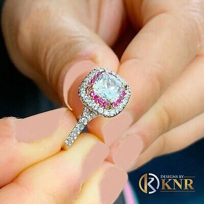 Pre-owned Knr Inc 14k White Gold Cushion Moissanite And Diamond And Ruby Engagement Ring 2.20ctw