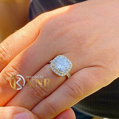 Pre-owned Charles & Colvard 14k Yellow Gold Cushion Forever One Moissanite And Diamond Engagement Ring 5.50