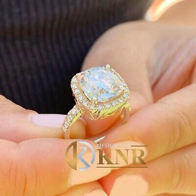 Pre-owned Charles & Colvard 14k Yellow Gold Cushion Forever One Moissanite And Diamond Engagement Ring 5.50