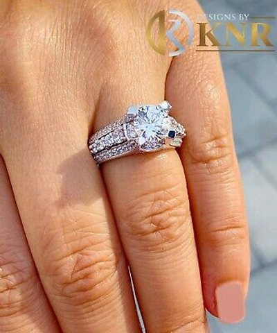 Pre-owned Knr Inc 14k White Gold Round Cut Moissanite And Natural Diamonds Engagement Ring 3.50ctw