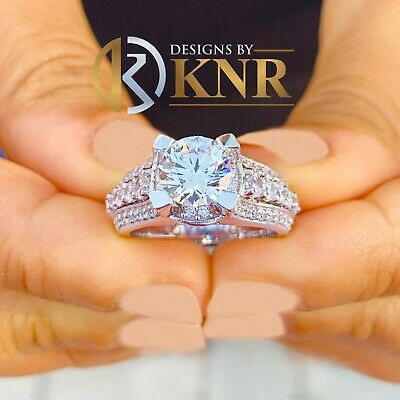 Pre-owned Knr Inc 14k White Gold Round Cut Moissanite And Natural Diamonds Engagement Ring 3.50ctw