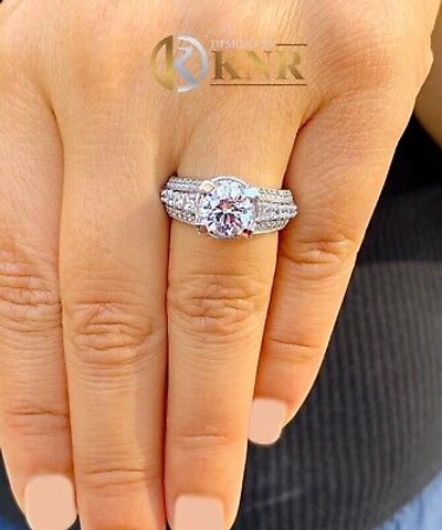 Pre-owned Knr Inc 14k White Gold Round Cut Moissanite And Natural Diamonds Engagement Ring 3.50ctw