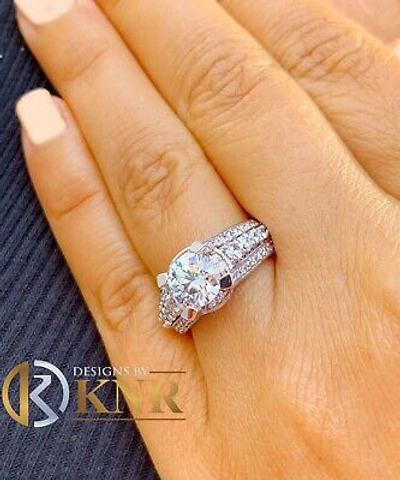 Pre-owned Knr Inc 14k White Gold Round Cut Moissanite And Natural Diamonds Engagement Ring 3.50ctw