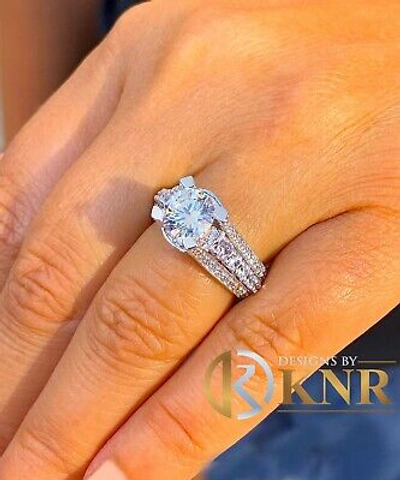 Pre-owned Knr Inc 14k White Gold Round Cut Moissanite And Natural Diamonds Engagement Ring 3.50ctw