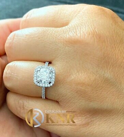 Pre-owned Knr Inc 14k White Gold Cushion Moissanite And Natural Diamond Engagement Ring Halo 2.20