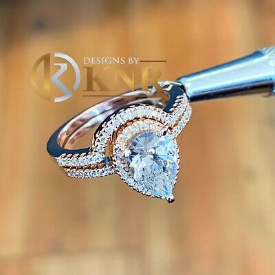 Pre-owned Knr Inc 14k Rose Gold Pear Moissanite And Natural Diamonds Engagement Ring Halo 2.00ctw In Pink