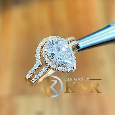 Pre-owned Knr Inc 14k Rose Gold Pear Moissanite And Natural Diamonds Engagement Ring Halo 2.00ctw In Pink