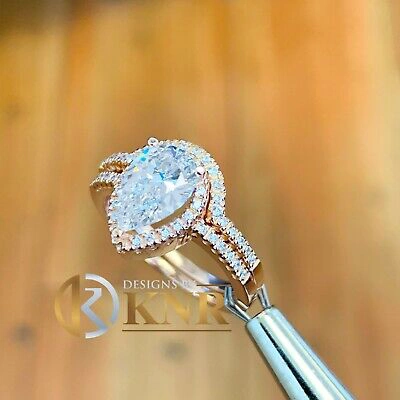Pre-owned Knr Inc 14k Rose Gold Pear Moissanite And Natural Diamonds Engagement Ring Halo 2.00ctw In Pink