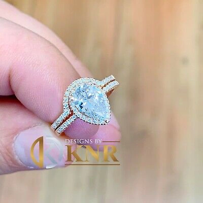 Pre-owned Knr Inc 14k Rose Gold Pear Moissanite And Natural Diamonds Engagement Ring Halo 2.00ctw In Pink