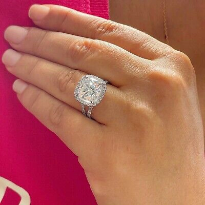Pre-owned Knr Inc 14k White Gold Cushion F1 Moissanite Natural Diamond Engagement Ring Halo 5.70ct