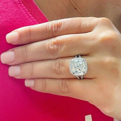 Pre-owned Knr Inc 14k White Gold Cushion F1 Moissanite Natural Diamond Engagement Ring Halo 5.70ct
