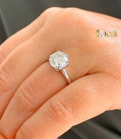Pre-owned Knr Crown Set 14k Solid White Gold Round Moissanite Engagement Ring Solitaire 3.00ct