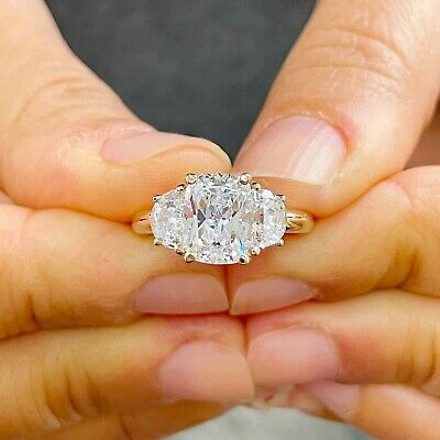 Pre-owned Knr 14k Solid Yellow Gold Cushion And Half Moon Moissanite Engagement Ring 3.00ct In White