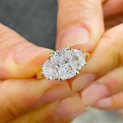 Pre-owned Knr 14k Solid Yellow Gold Cushion And Half Moon Moissanite Engagement Ring 3.00ct In White