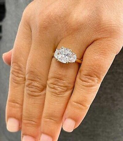 Pre-owned Knr 14k Solid Yellow Gold Cushion And Half Moon Moissanite Engagement Ring 3.00ct In White