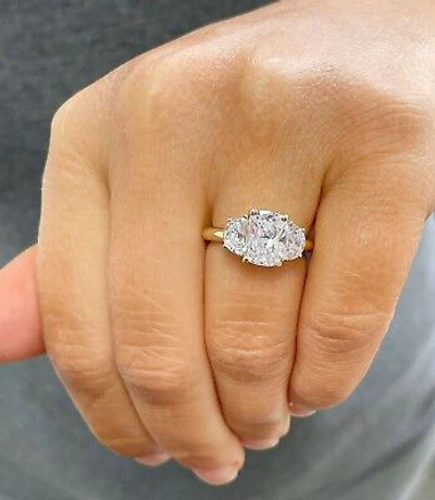 Pre-owned Knr 14k Solid Yellow Gold Cushion And Half Moon Moissanite Engagement Ring 3.00ct In White