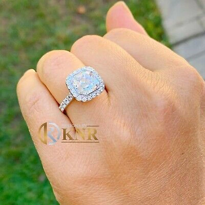 Pre-owned Charles & Colvard 14k White Gold Asscher Moissanite And Natural Diamond Engagement Ring 4.00ct