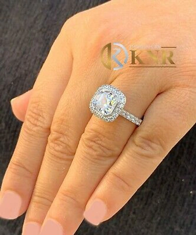 Pre-owned Charles & Colvard 14k White Gold Asscher Moissanite And Natural Diamond Engagement Ring 4.00ct