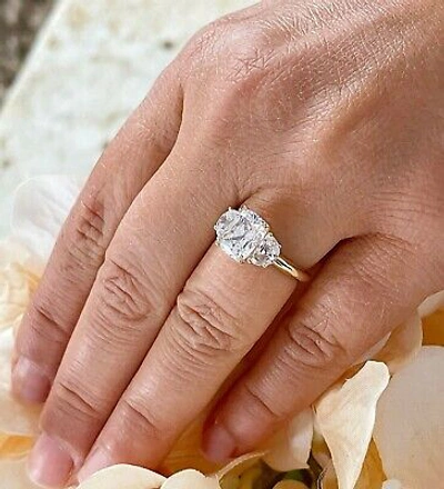 Pre-owned Knr 14k Solid Yellow Gold Cushion And Half Moon Moissanite Engagement Ring 3.00ct In White