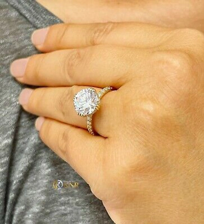 Pre-owned Knr Inc 14k Solid Yellow Gold Round Moissanite And Natural Diamond Engagement Ring 4.50