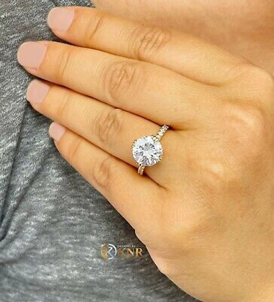 Pre-owned Knr Inc 14k Solid Yellow Gold Round Moissanite And Natural Diamond Engagement Ring 4.50