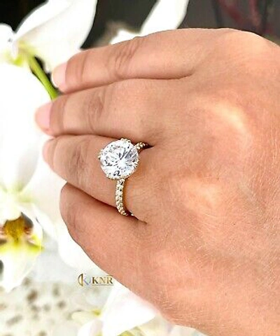 Pre-owned Knr Inc 14k Solid Yellow Gold Round Moissanite And Natural Diamond Engagement Ring 4.50