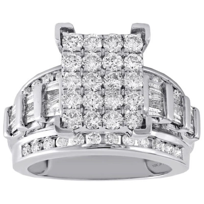 Pre-owned Jfl Diamonds & Timepieces 10k White Gold Round & Baguette Diamond Rectangle Cluster Engagement Ring 2 Ct.
