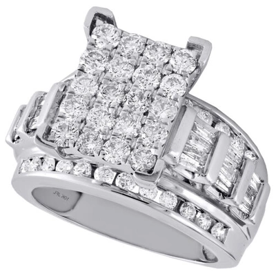 Pre-owned Jfl Diamonds & Timepieces 10k White Gold Round & Baguette Diamond Rectangle Cluster Engagement Ring 2 Ct.