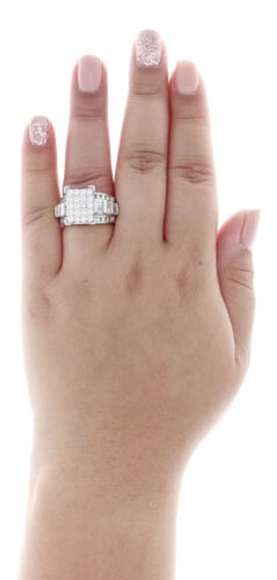 Pre-owned Jfl Diamonds & Timepieces 10k White Gold Round & Baguette Diamond Rectangle Cluster Engagement Ring 2 Ct.