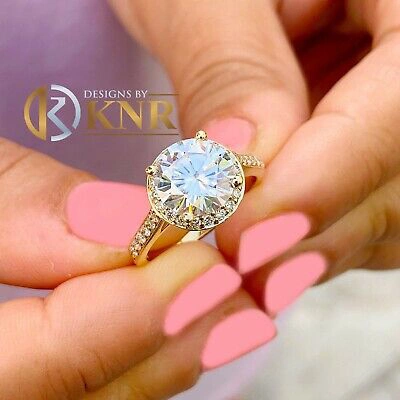 Pre-owned Knr Inc 14k Yellow Gold Round Moissanite And Natural Diamond Engagement Ring Halo 3.30ct