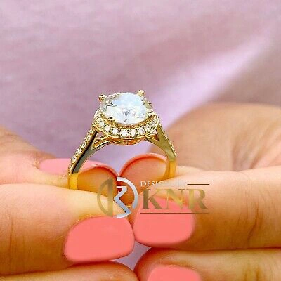 Pre-owned Knr Inc 14k Yellow Gold Round Moissanite And Natural Diamond Engagement Ring Halo 3.30ct