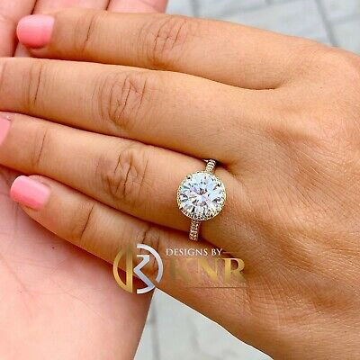 Pre-owned Knr Inc 14k Yellow Gold Round Moissanite And Natural Diamond Engagement Ring Halo 3.30ct