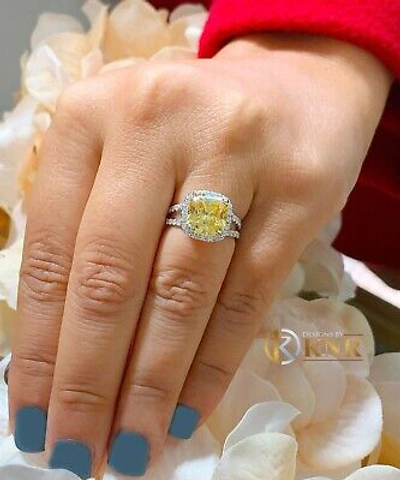 Pre-owned Knr 14k Yellow Gold Cushion Fancy Yellow And Natural Diamonds Engagement Ring 4.70