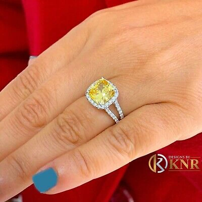 Pre-owned Knr 14k Yellow Gold Cushion Fancy Yellow And Natural Diamonds Engagement Ring 4.70