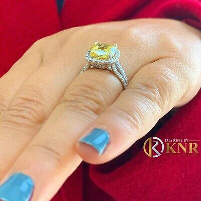 Pre-owned Knr 14k Yellow Gold Cushion Fancy Yellow And Natural Diamonds Engagement Ring 4.70