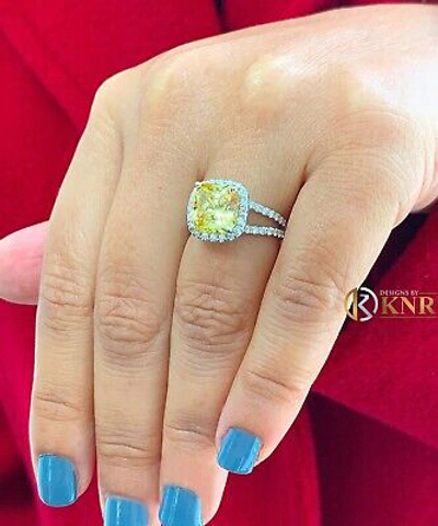 Pre-owned Knr 14k Yellow Gold Cushion Fancy Yellow And Natural Diamonds Engagement Ring 4.70