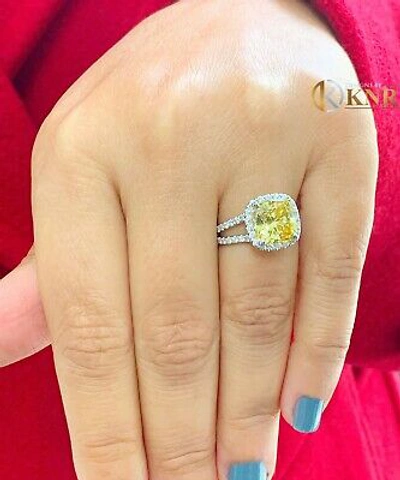 Pre-owned Knr 14k Yellow Gold Cushion Fancy Yellow And Natural Diamonds Engagement Ring 4.70