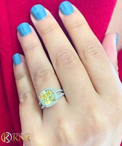 Pre-owned Knr 14k Yellow Gold Cushion Fancy Yellow And Natural Diamonds Engagement Ring 4.70