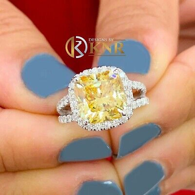 Pre-owned Knr 14k Yellow Gold Cushion Fancy Yellow And Natural Diamonds Engagement Ring 4.70