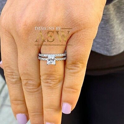 Pre-owned Halo 1.75ct Carat 14k Solid White Gold Princess Cut Diamond Engagement Ring And Band