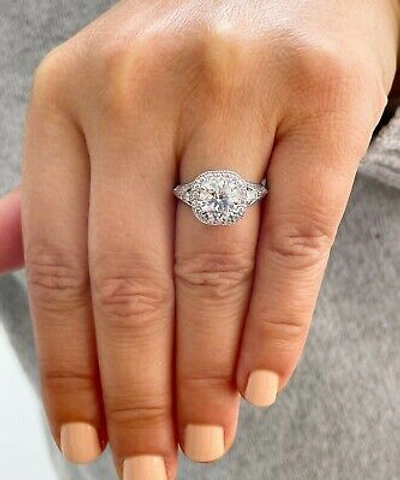 Pre-owned Knr Gia Certified 14k White Gold Round Diamond Engagement Ring And Band Halo 2.30ctw