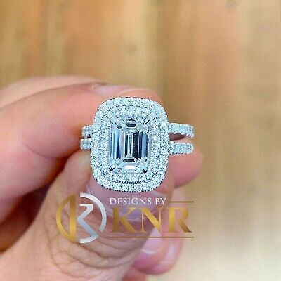 Pre-owned Halo 14k White Gold Emerald Cut Natural Diamond Engagement Ring And Band  2.50ctw