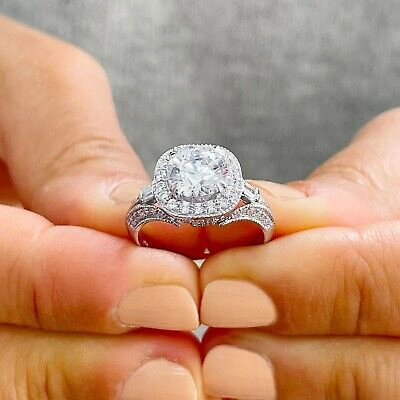 Pre-owned Knr Gia Certified 14k White Gold Round Diamond Engagement Ring And Band Halo 2.30ctw