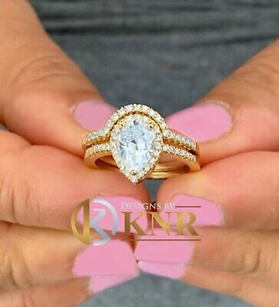 Pre-owned Knr Inc 14k Yellow Gold Pear Moissanite And Natural Diamonds Engagement Ring Halo 2.00ct